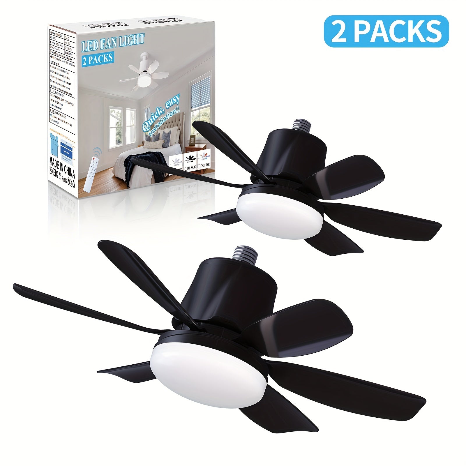 2pcs Socket Fan Light with Remote Control E26 E27 Dimmable LED for Bedroom