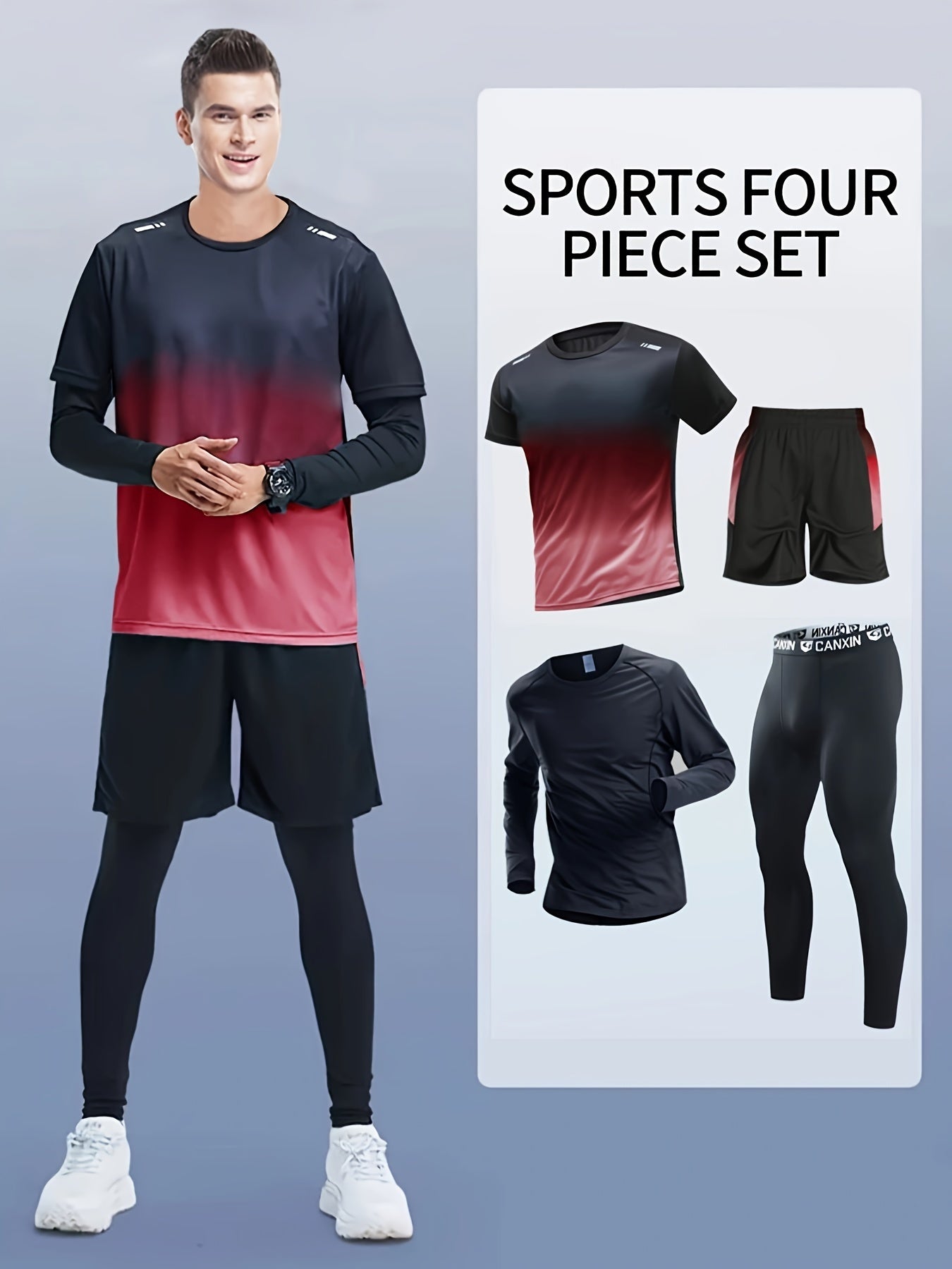 Men's Athletic Set Long Sleeve Tee Shorts Compression Pants Leggings Gradient Colors Breathable High-Elasticity Sports Training