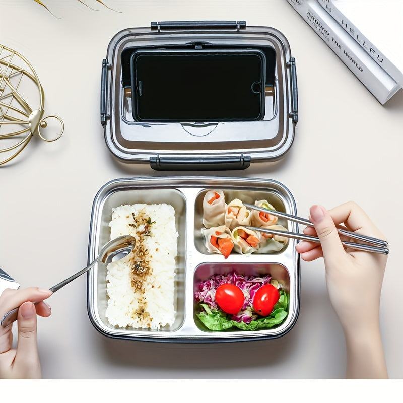 Leak-Proof Stainless Steel Lunch Box with 3 Compartments for Kids and Adults