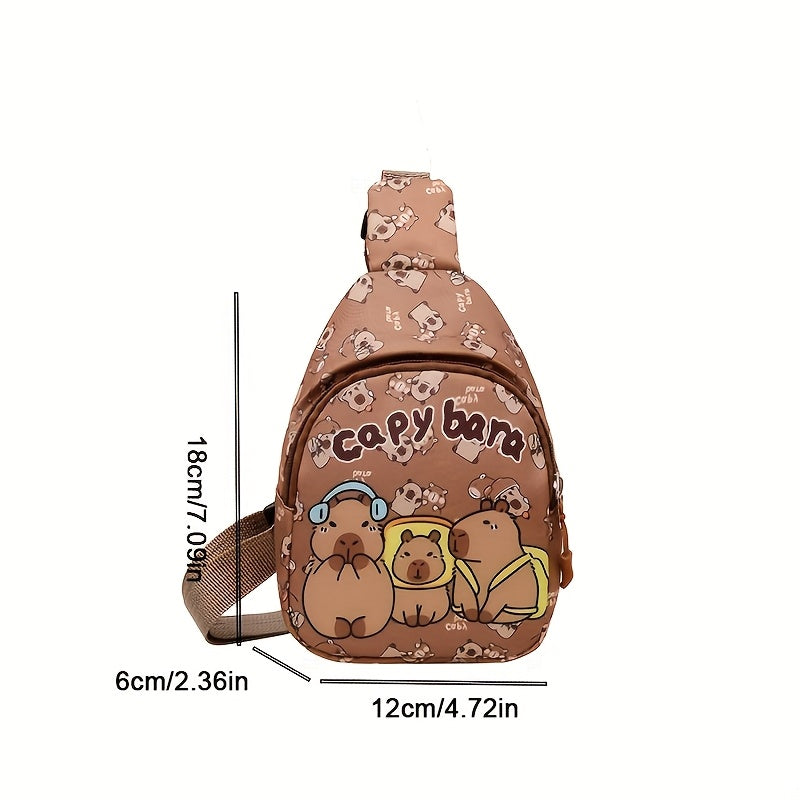 Kids Crossbody Bag with Capybara Print Nylon Adjustable Zipper Closure for Travel and Casual Use