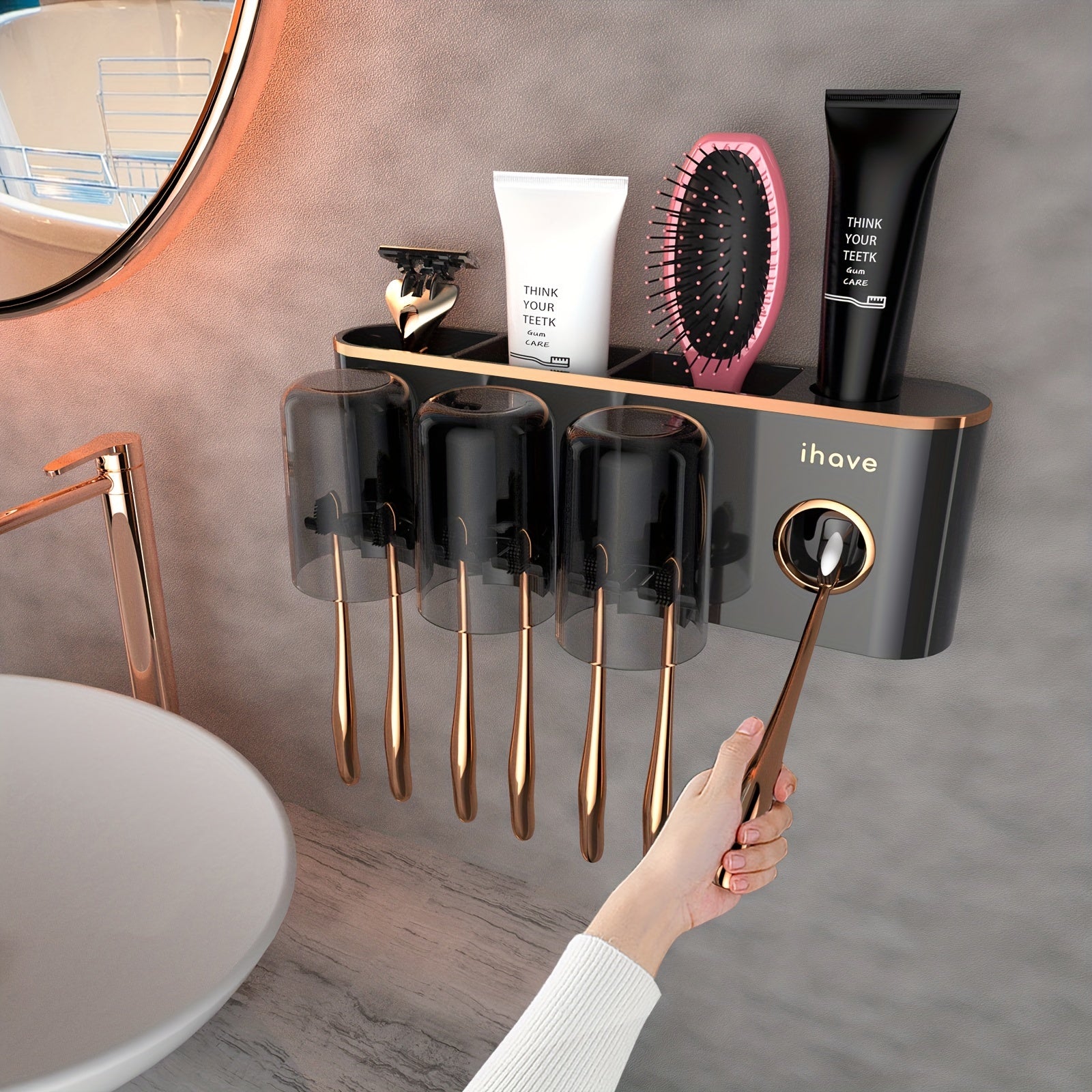 Wall-Mounted Bathroom Toothbrush Holder with Dispenser and Tumbler Set