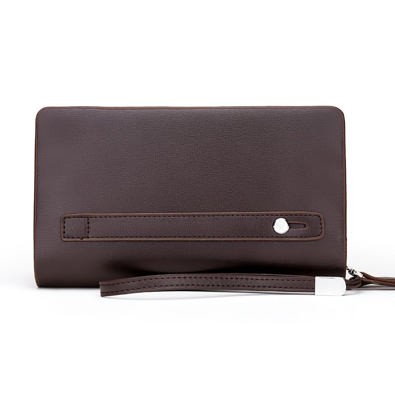 Men's Large Capacity Black Leather Wallet with Double Zipper and Wrist Strap for Office Use
