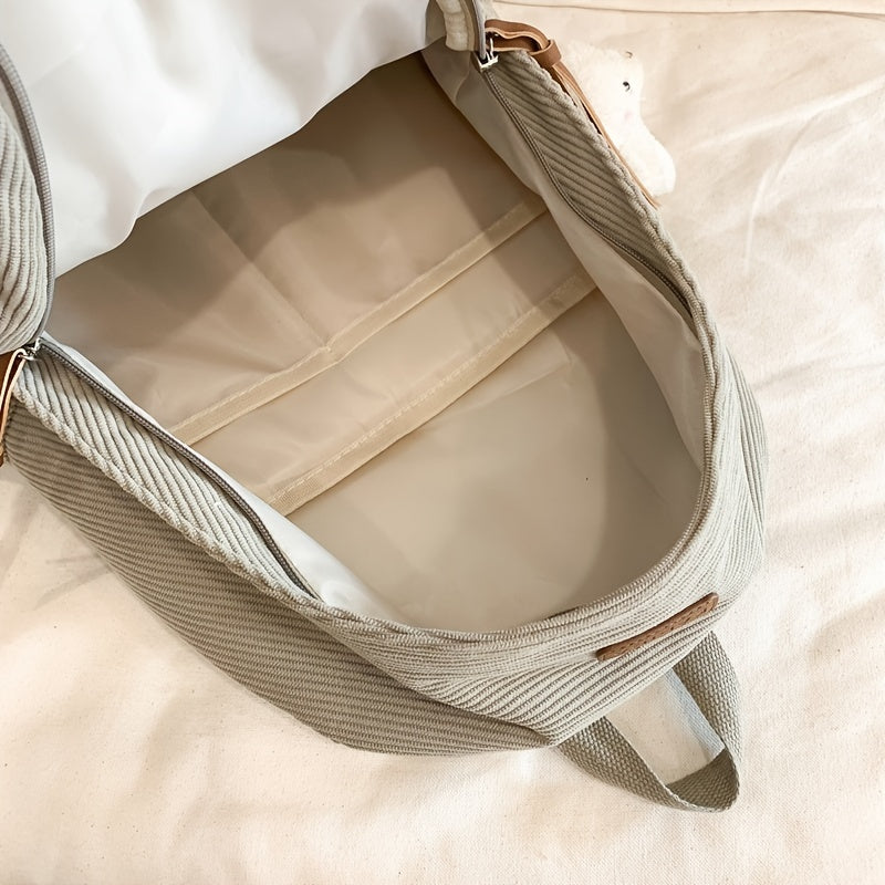 Women's Large Capacity Corduroy Backpack with Bear Pendant for School