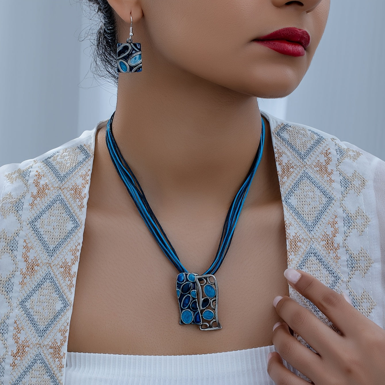 Bohemian Style Jewelry Set for Women Summer Beach Dangle Earrings Necklace Hollow Pendant Zinc Alloy