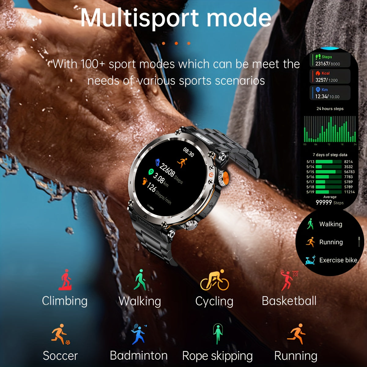 Men's Rugged Smartwatch 1.7 Inch Touchscreen Fitness Tracker Waterproof