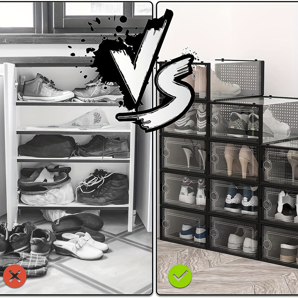 Set of 6 or 12 Clear Plastic Shoe Storage Boxes Dustproof Stackable Foldable