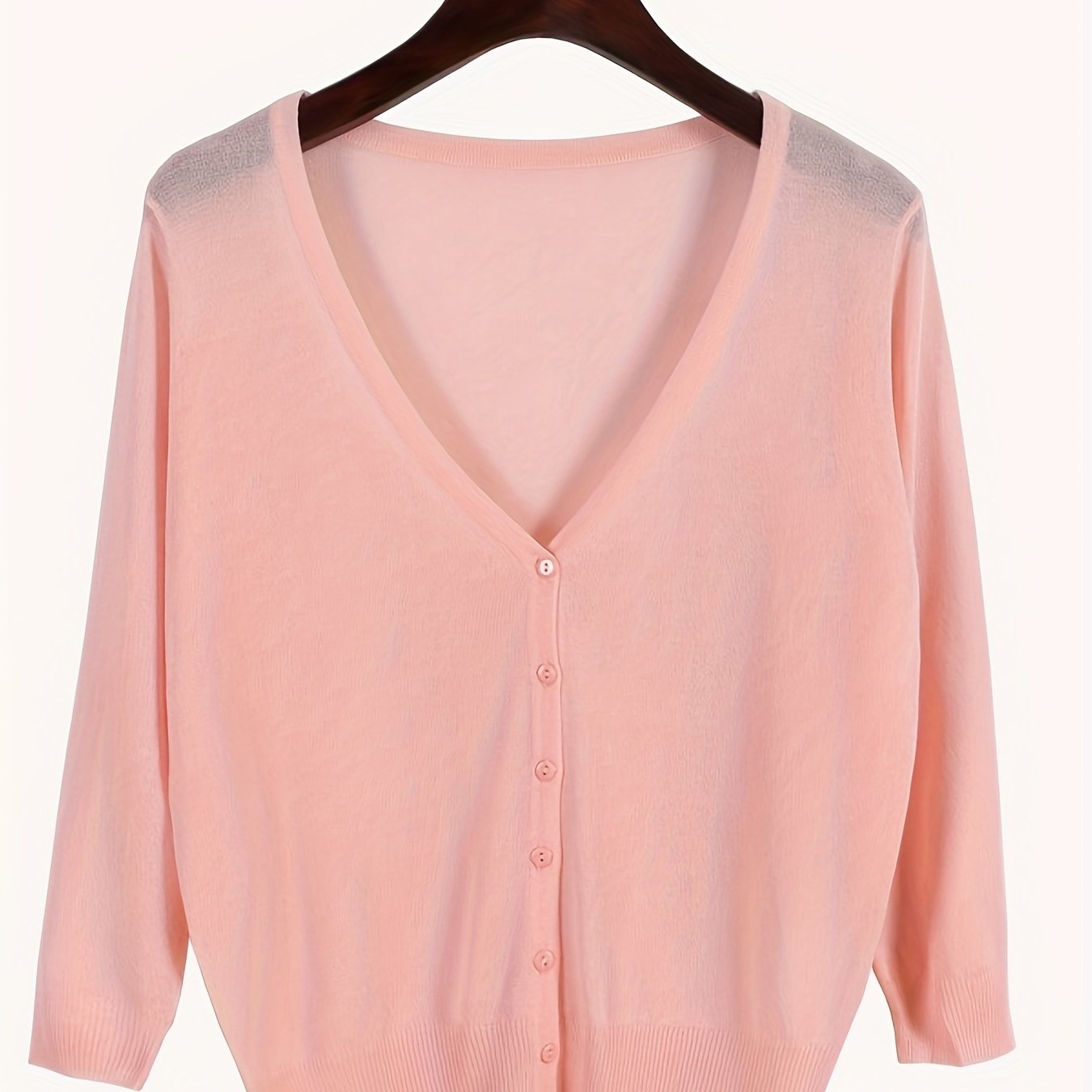 Plus Size Women's Lightweight V-Neck Cardigan with 3/4 Sleeves in Pastel Pink