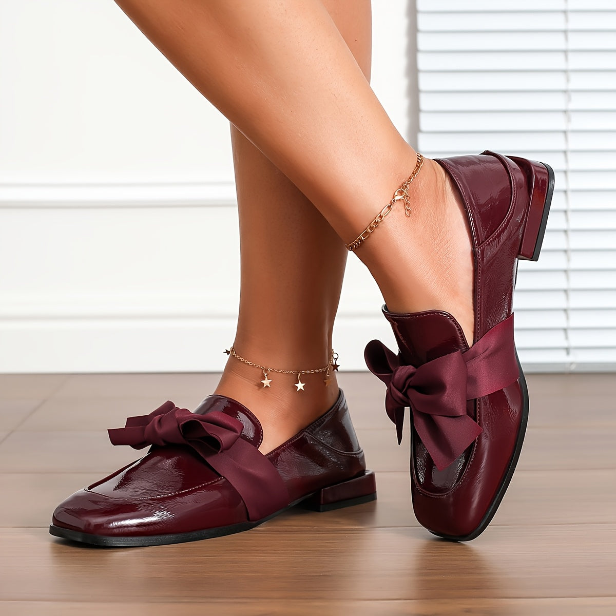 Women's Burgundy Bow Mules with Contoured Low Heel and Square Toe