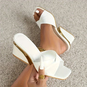 Women's Summer Chunky Wedge Heel Sandals - Square Toe Peep-Toe Gold Accents