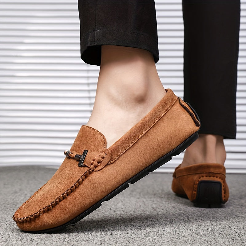 Men's Leather Loafers with Metal Accent Casual Slip-On Shoes for Street Wear