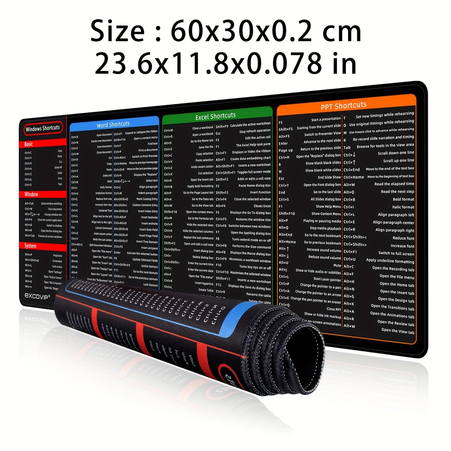 1 dona Katta Stol Pad, Office Word, Excel va PPT uchun Oddiy Windows Qisqa Yo'llari bilan, qisqa yo'l naqshiga ega bo'lgan sirpanmaydigan klaviatura va sichqoncha pad.