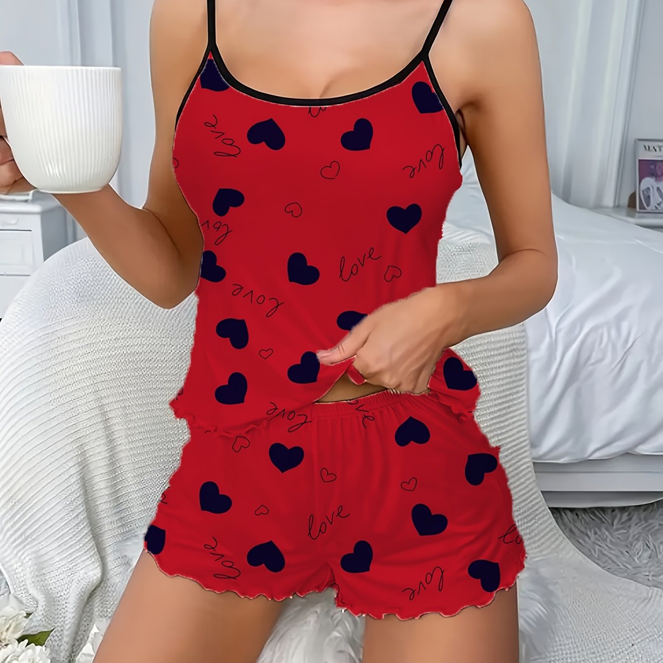 Women's Sleepwear Set Heart Print Frill Trim Backless Cami Top Elastic Shorts
