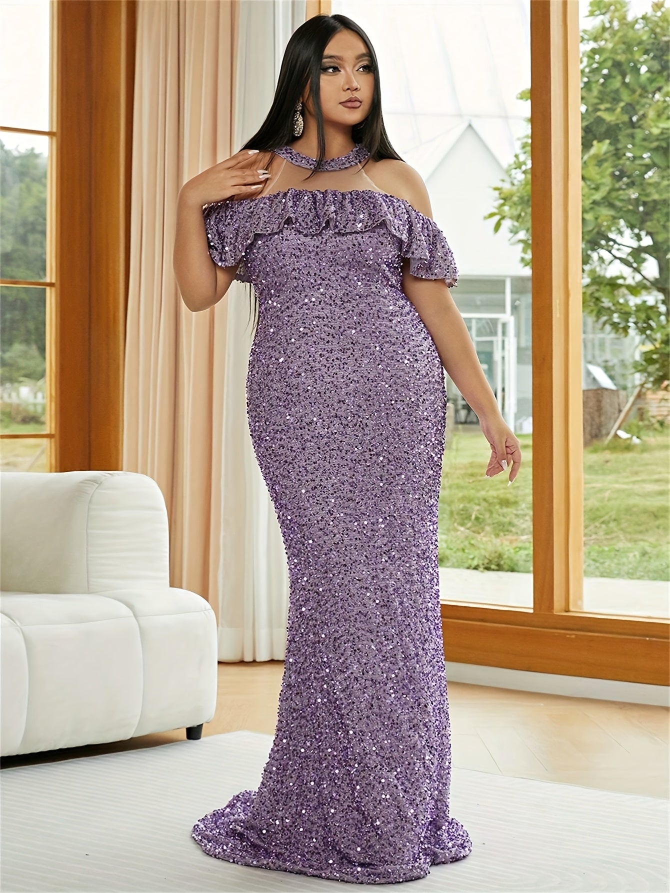 Plus Size Women's Off Shoulder Sequin Halter Dress Ruffle Long Sleeve Purple Evening Gown