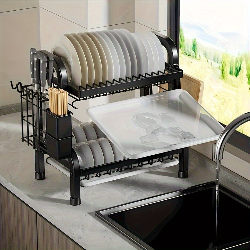 Double Layer Kitchen Organizer Dish Rack with Drainage Metal Storage Stand