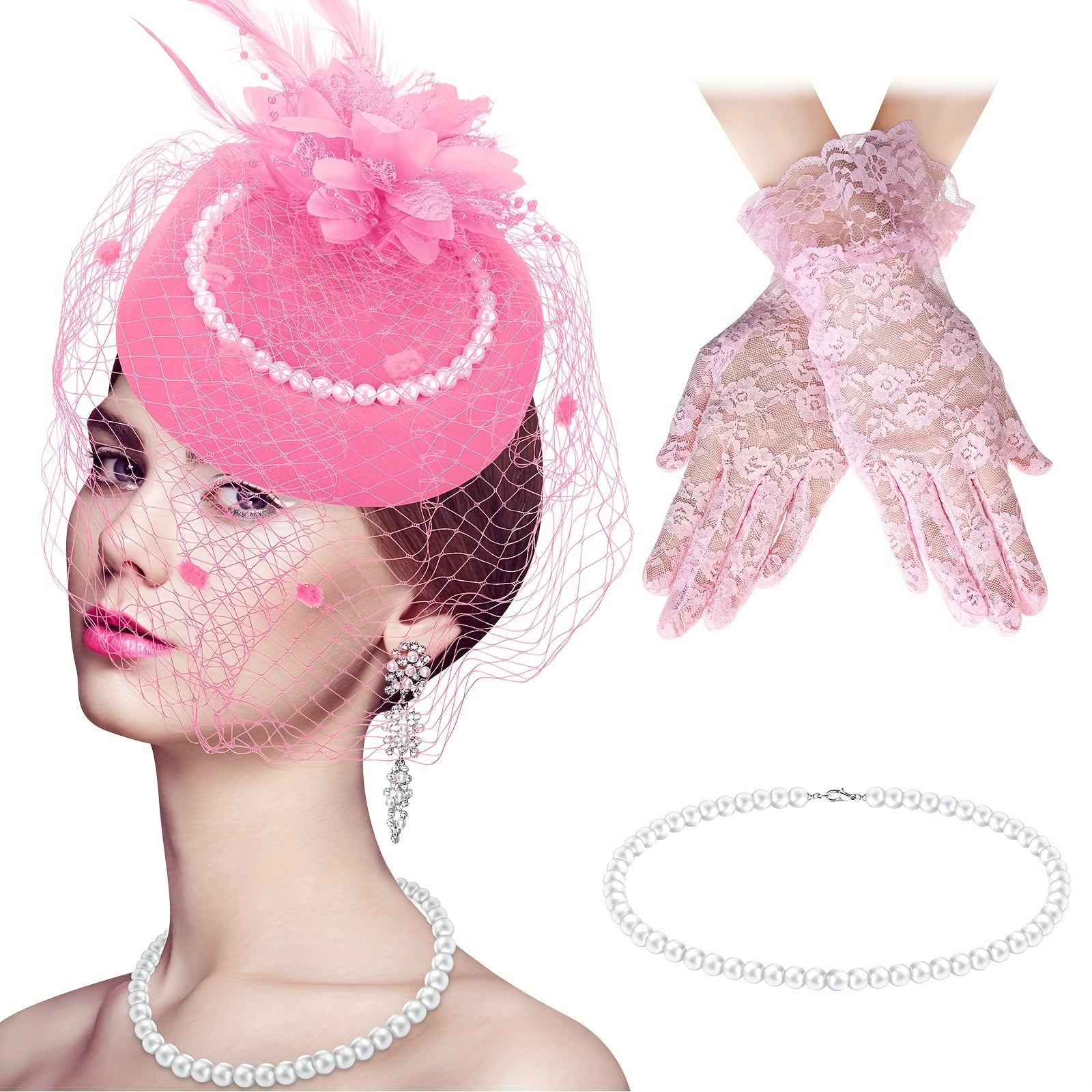Women's Fascinator Hat Set with Veil Feather and Pearl Necklace