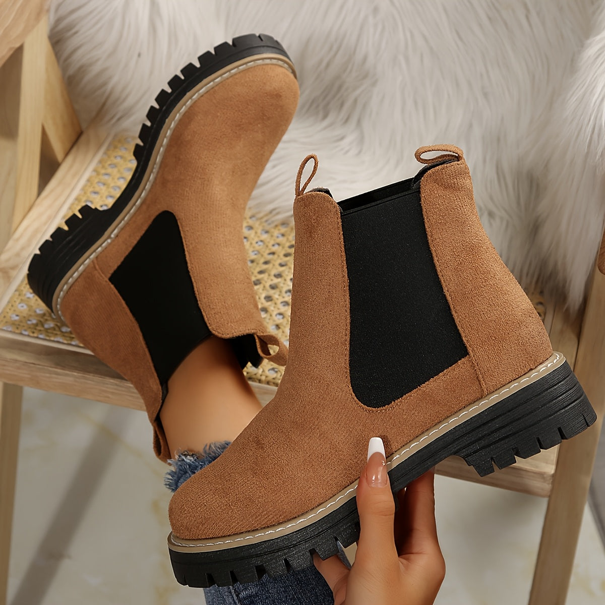 Women's Ankle Boots Slip-Resistant Platform Low Heel Black Fabric Boots