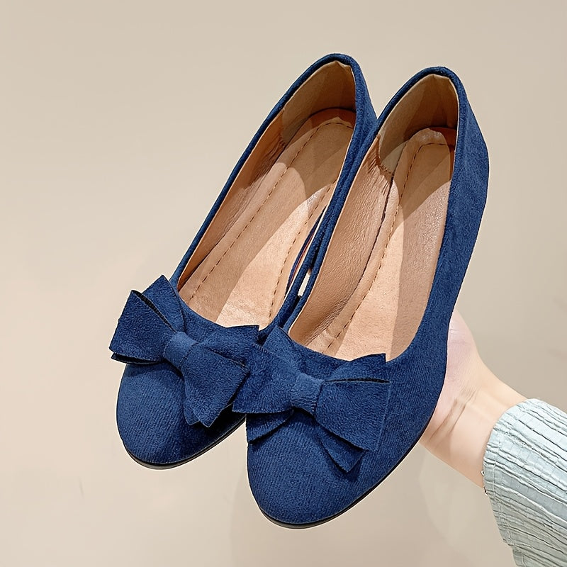 Women's Solid Color Handmade Bow Wedge Pumps Comfortable Round Toe Casual Shoes