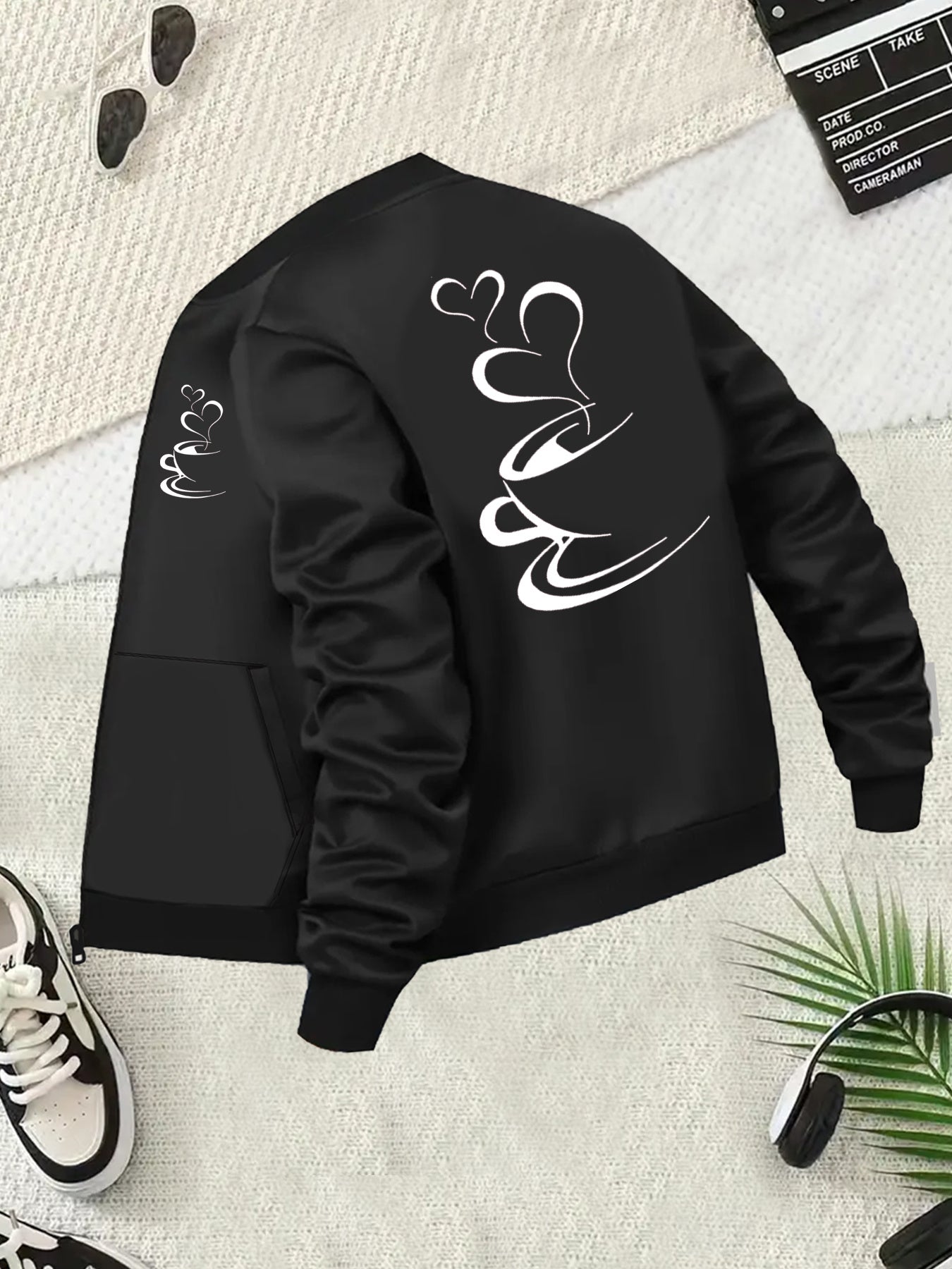 Women's Plus Size Black Jacket with White Back Baseball Collar All-Season Outerwear