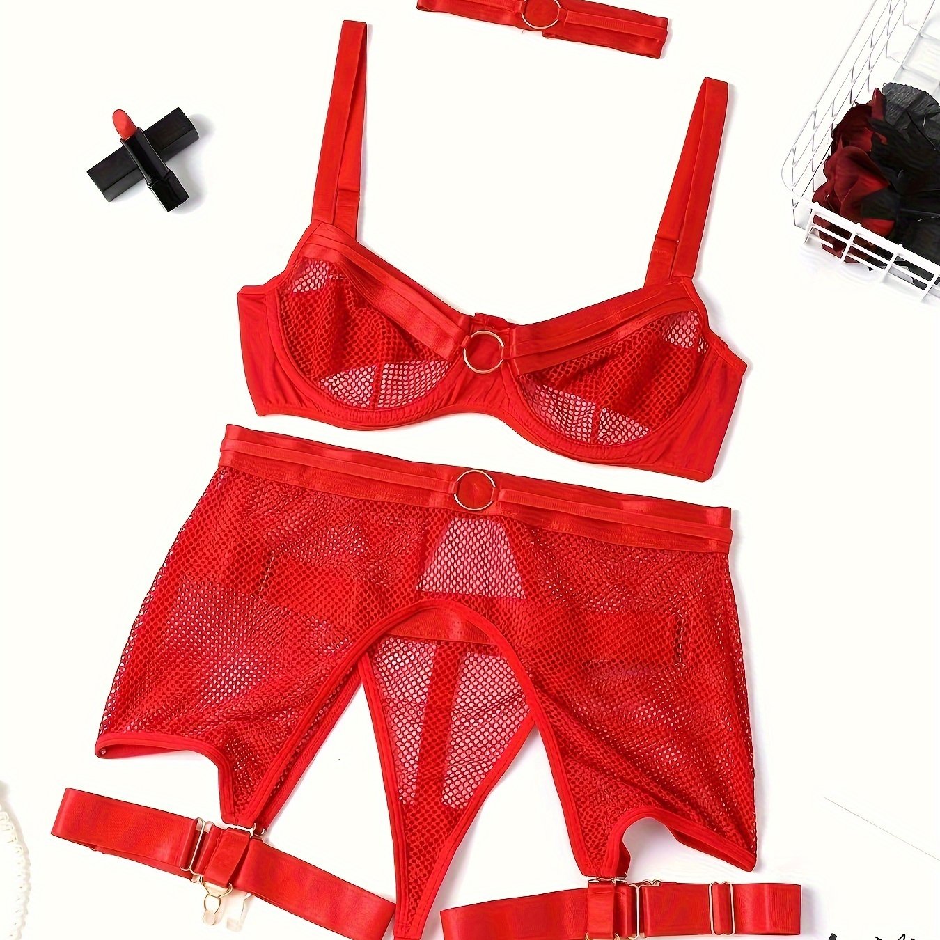 Women's Fishnet Lingerie Set with Ring Linked Bra Cut Out Thong and Girdle