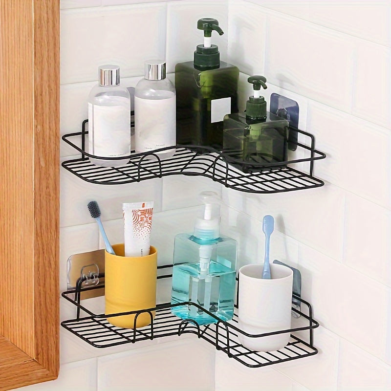 Black Wall-Mounted Bathroom Storage Rack with Hooks and Adhesive
