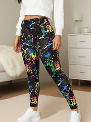 Leggings de poliéster y spandex de gran elasticidad para tallas grandes, para todas las estaciones, con salpicaduras de pintura