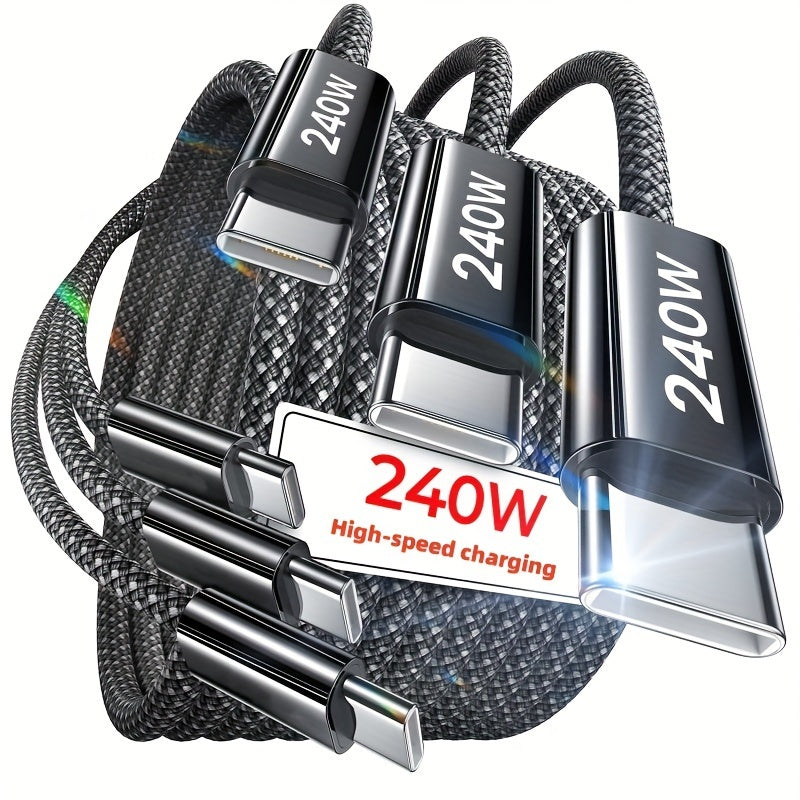 3-комплект кабелей USB C to C 240W быстрой зарядки, нейлоновое глянцевое покрытие, синхронизация данных