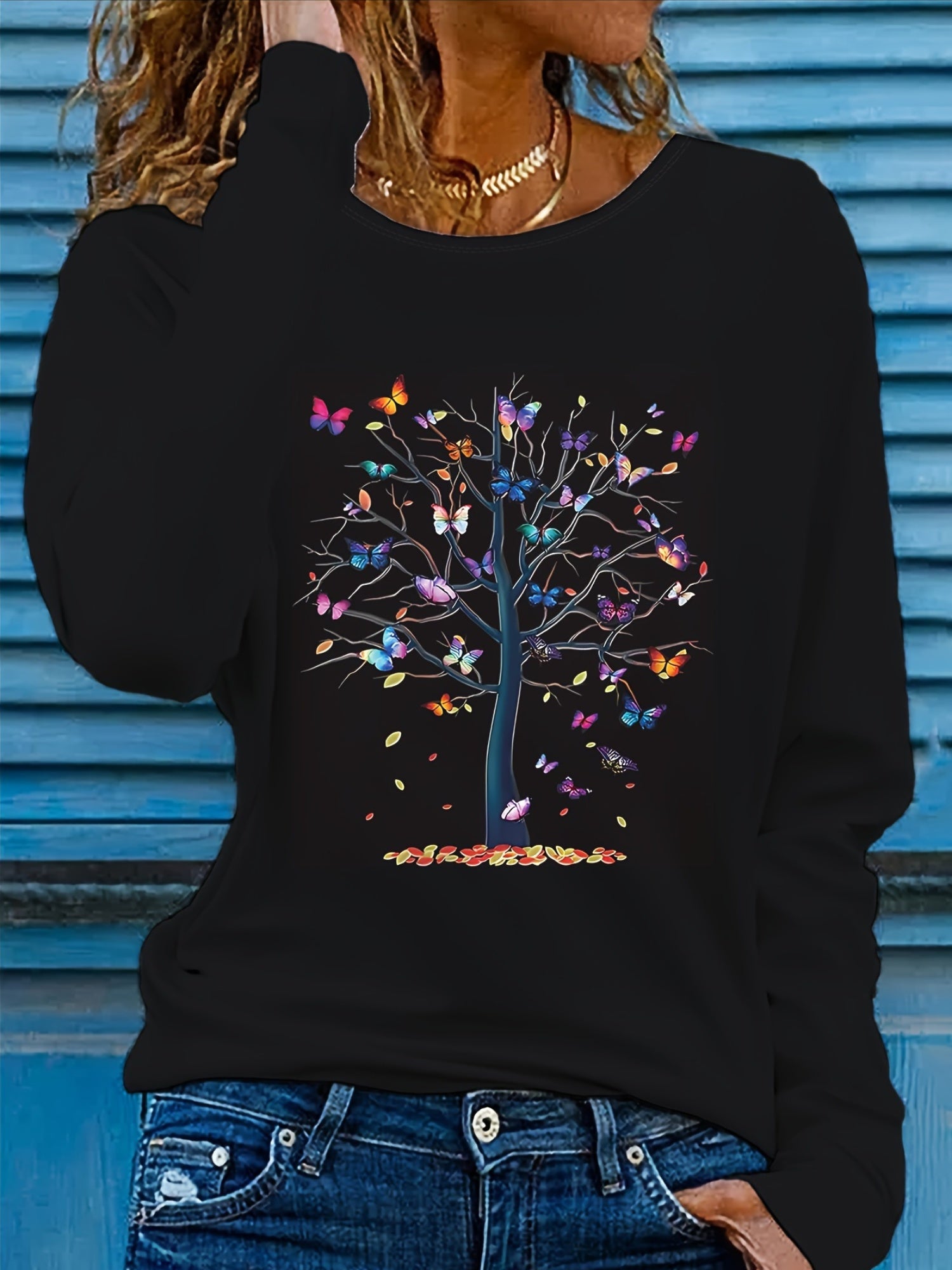 Туника для женщин больших размеров с длинным рукавом, вязаная, с принтом бабочка и деревья, повседневный стиль