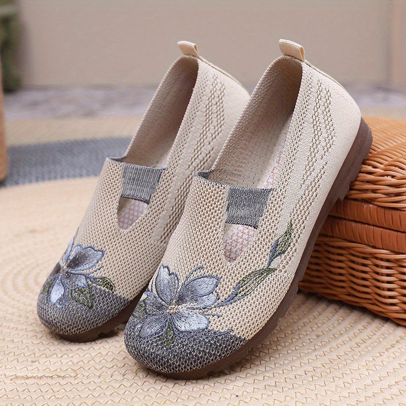 Women's Floral Slip-On Flats Breathable Knit Upper Casual Shoes Beige Gray Brown White