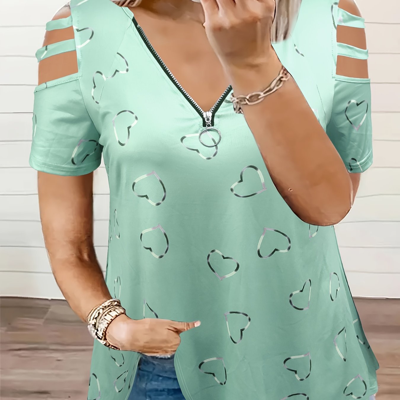 Women's Casual Polyester T-Shirt with Heart Print Zipper Short Sleeves V-Neck