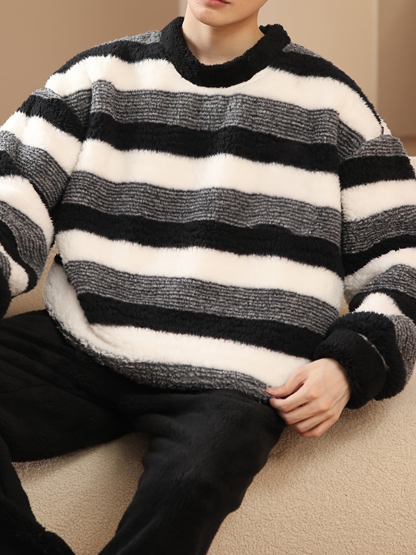 Men's Flannel Pajama Set with Striped Top and Loose Pants for Winter Lounge