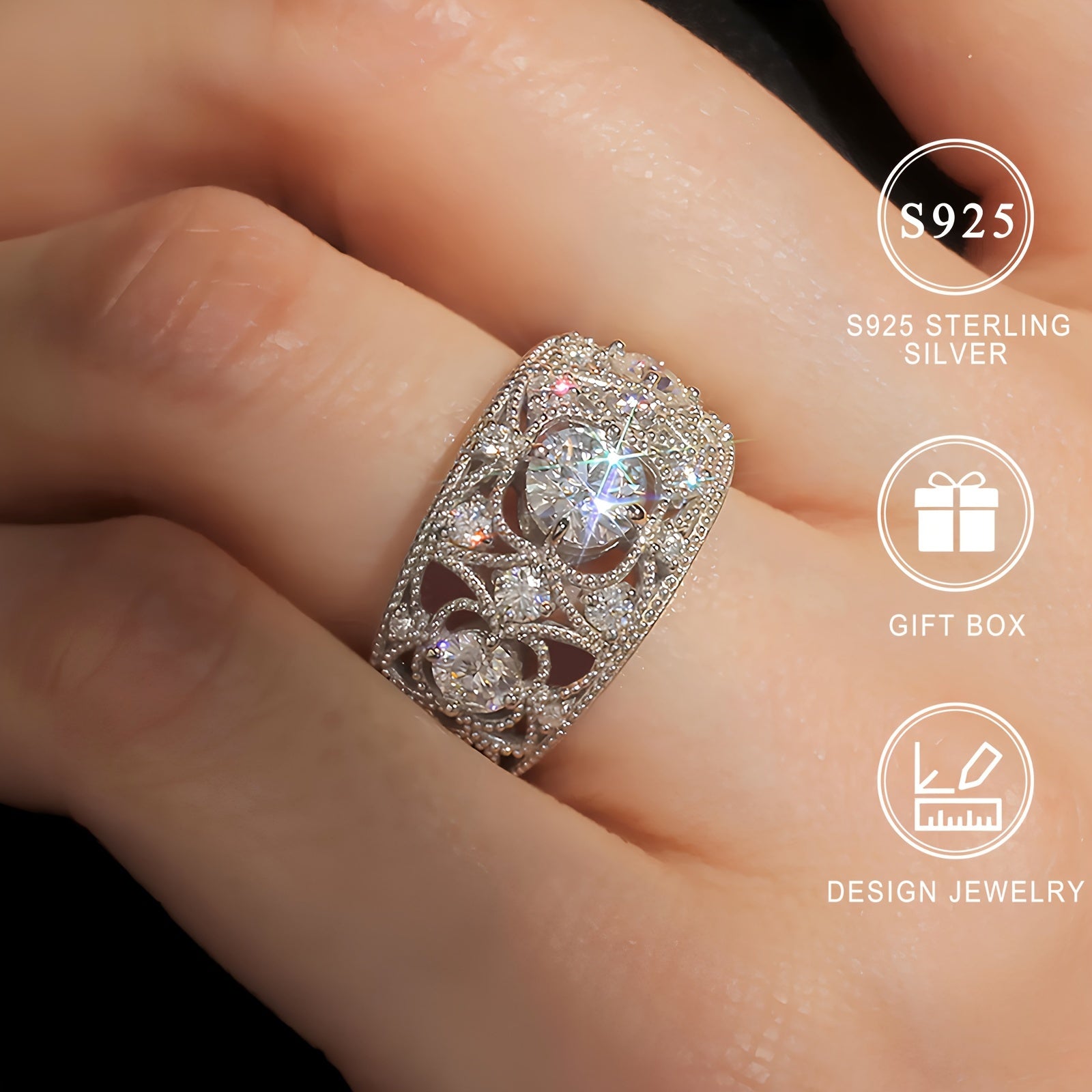 Women's Silver Ring 4.5g S925 Nickel-Free Synthetic Zircon Luxury Jewelry for Daily and Holiday Wear
