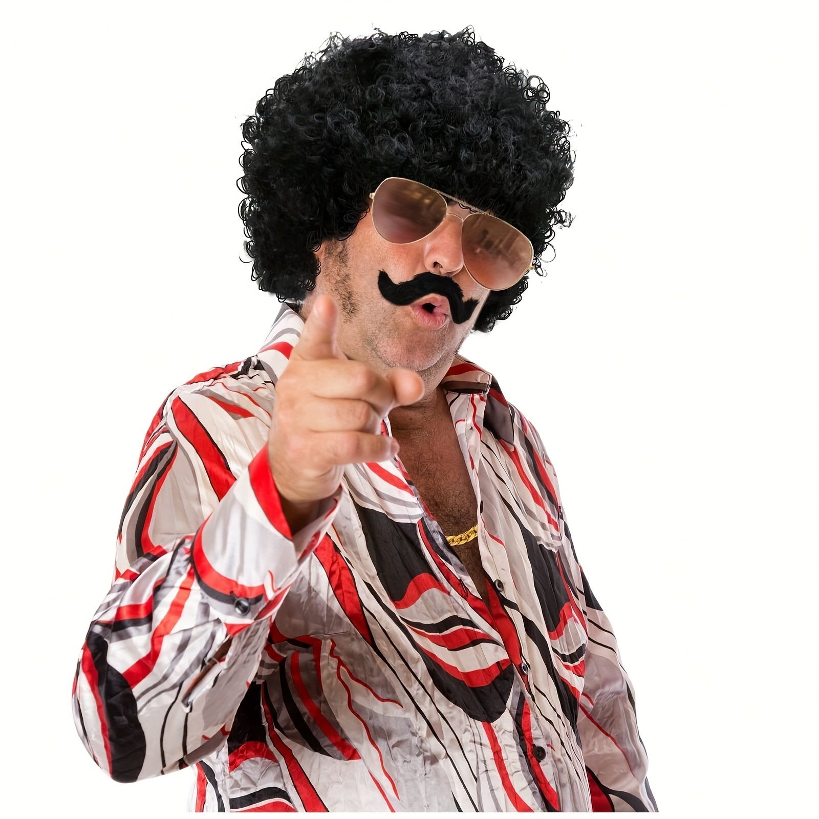 Conjunto de disfraz de los 70s y 80s con peluca rizada, gafas, bigote y collar para fiesta
