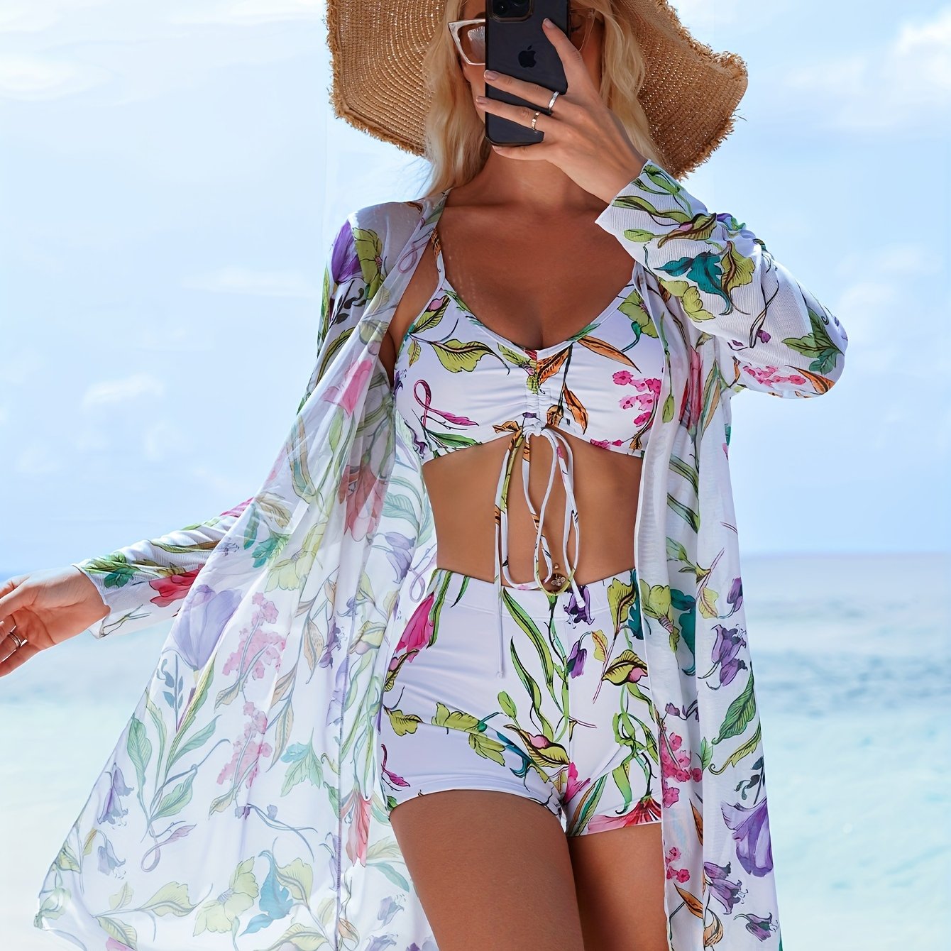 Geometric Print Bikini Set with V-Neck Boxer Shorts and Long Sleeve Cover Shirt for Women