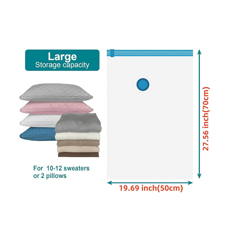3 ta vakuum saqlash sumkasi qo'l pompasiga ega, joyni tejash uchun mustahkam sumkalar, ixcham egish uchun 3 o'lcham, pastki kurtkalar, ko'rpa-to'shaklar va ko'rpa uchun ko'p maqsadli cho'zilgan plastik sumkalar - elektr rozetkasi talab qilinmaydi.