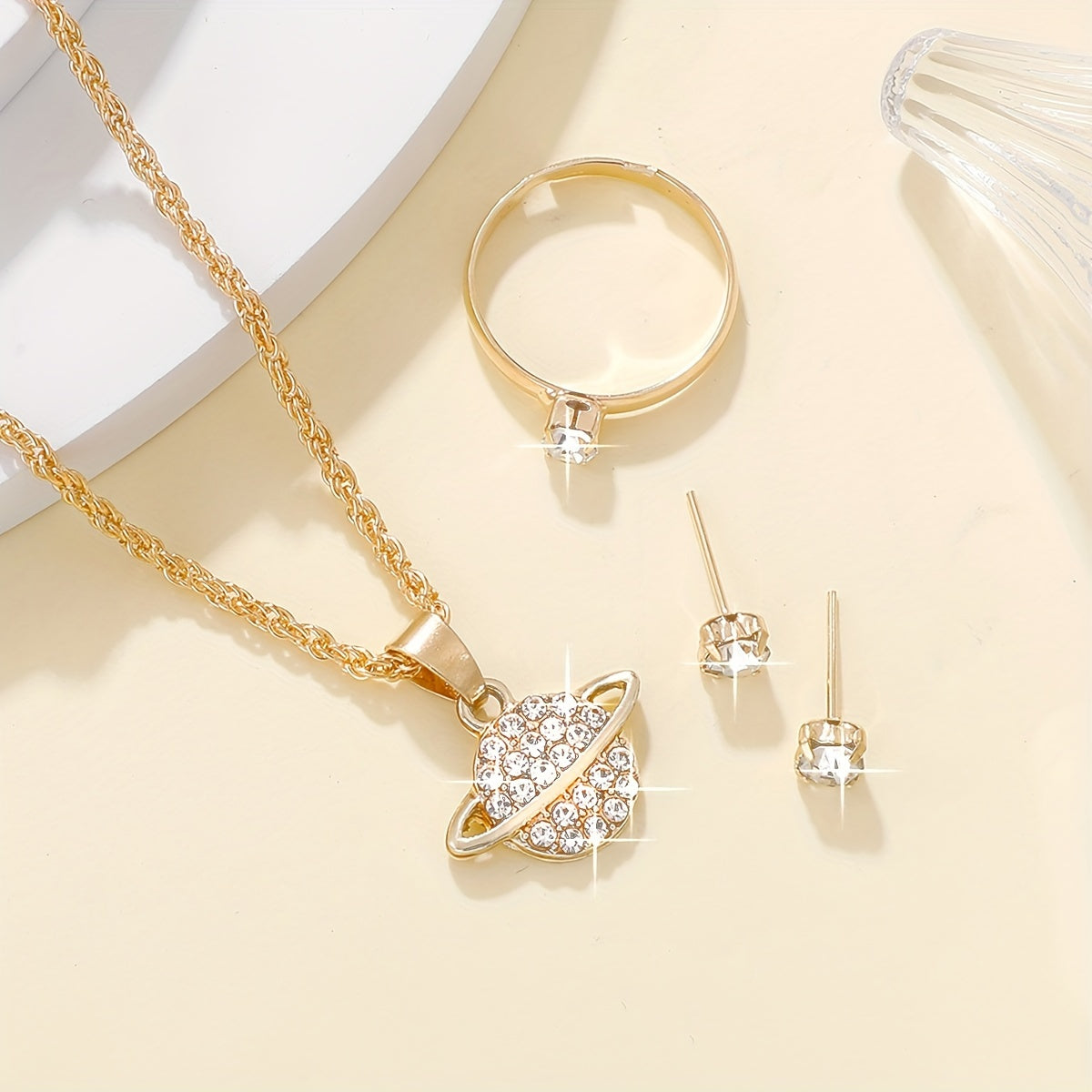 Women's Jewelry Set 4pcs Glass Accents Necklace Earrings Ring Casual Gift