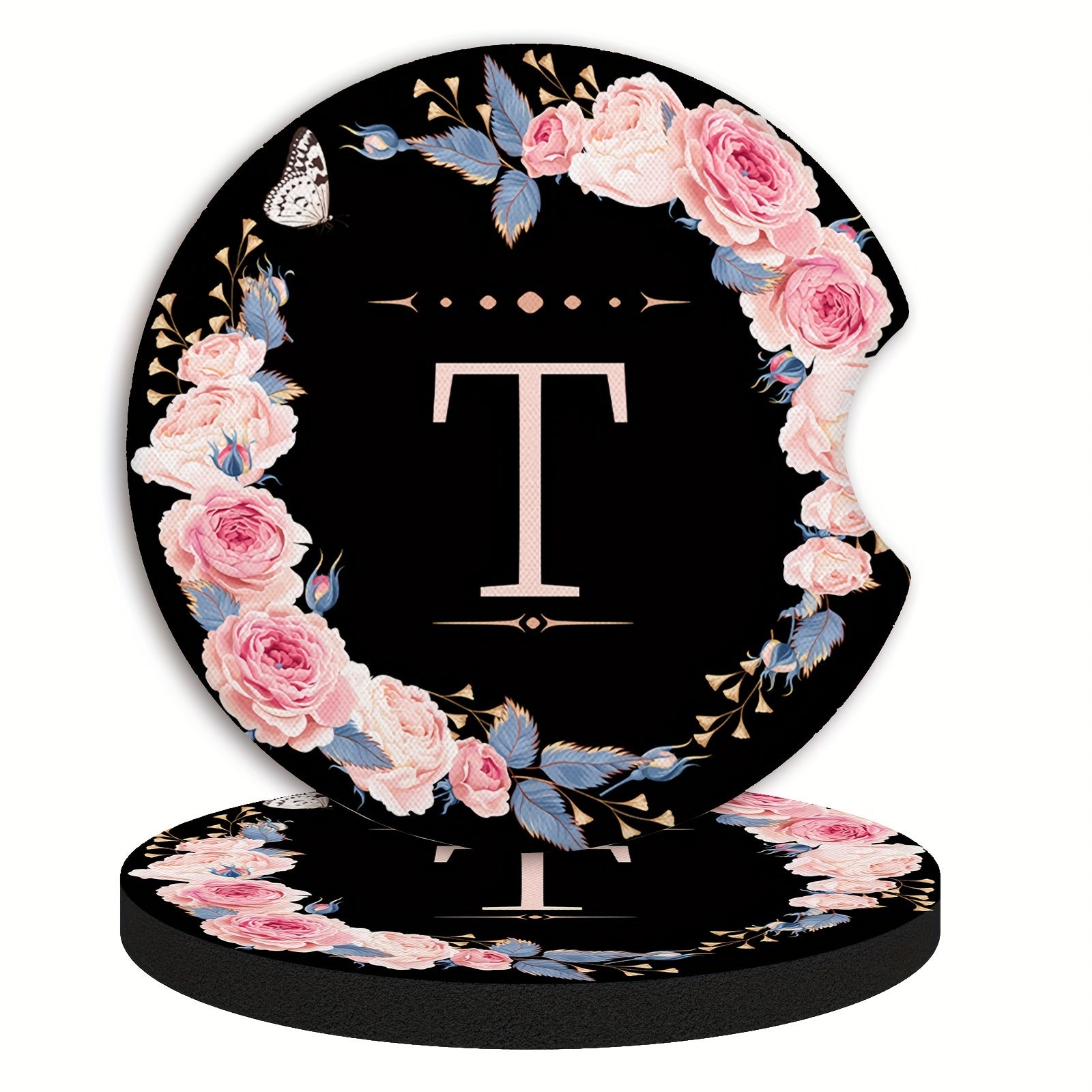 Unisex Rubber Car Coasters 2 Pack Waterproof Floral Monogram Drink Holders