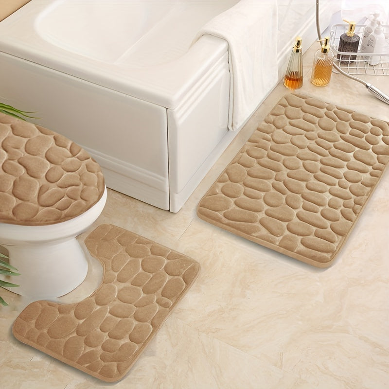 Set of 3 Memory Foam Bathroom Rugs Non-Slip Absorbent Cobblestone Design