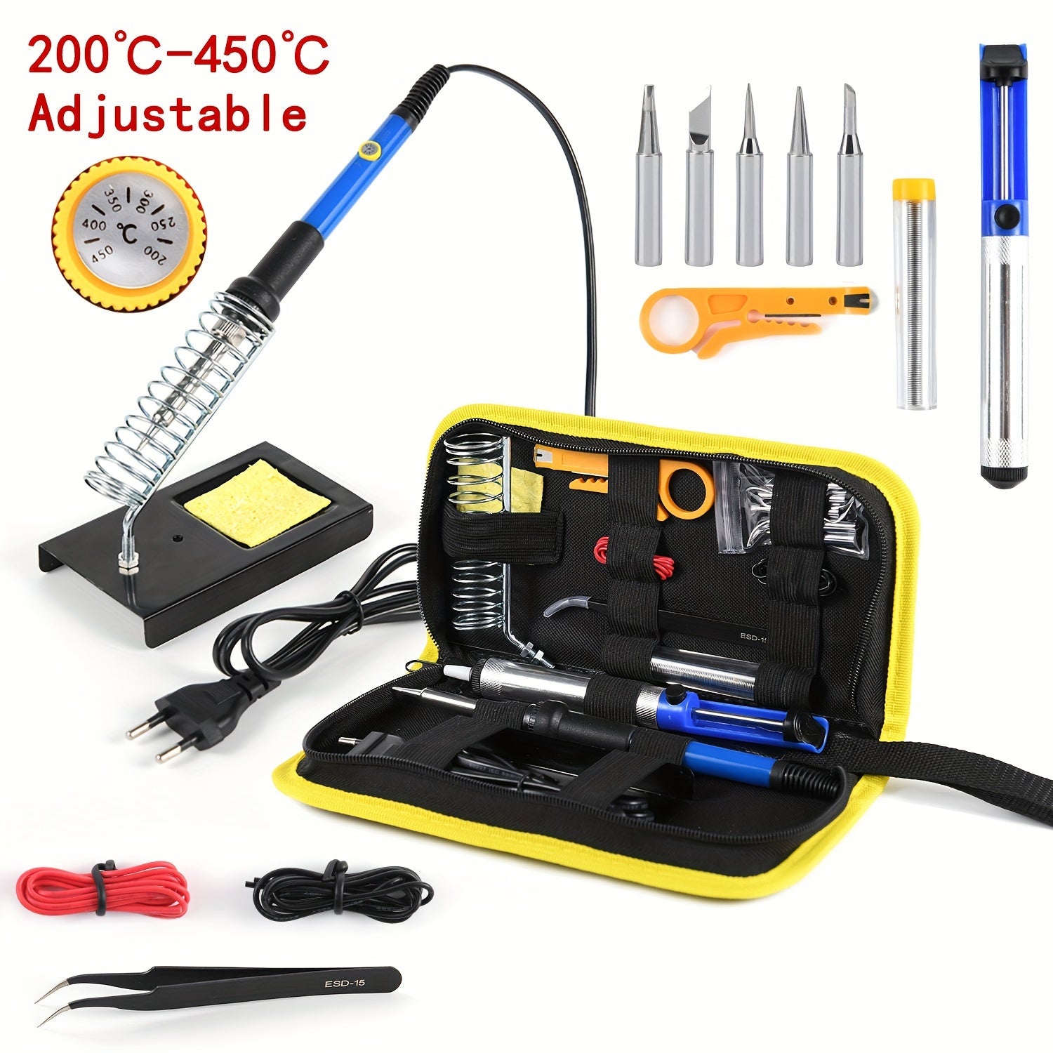 60W Adjustable Temperature Soldering Iron Kit with 15 Tips Desoldering Pump and Ceramic Heating Element for DIY Repairs in Red Blue Black