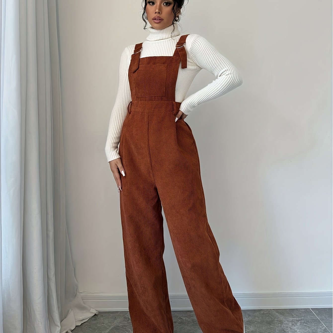 Women's Spandex Polyester Jumpsuit with Wide Straps and Button Details for Fall Winter