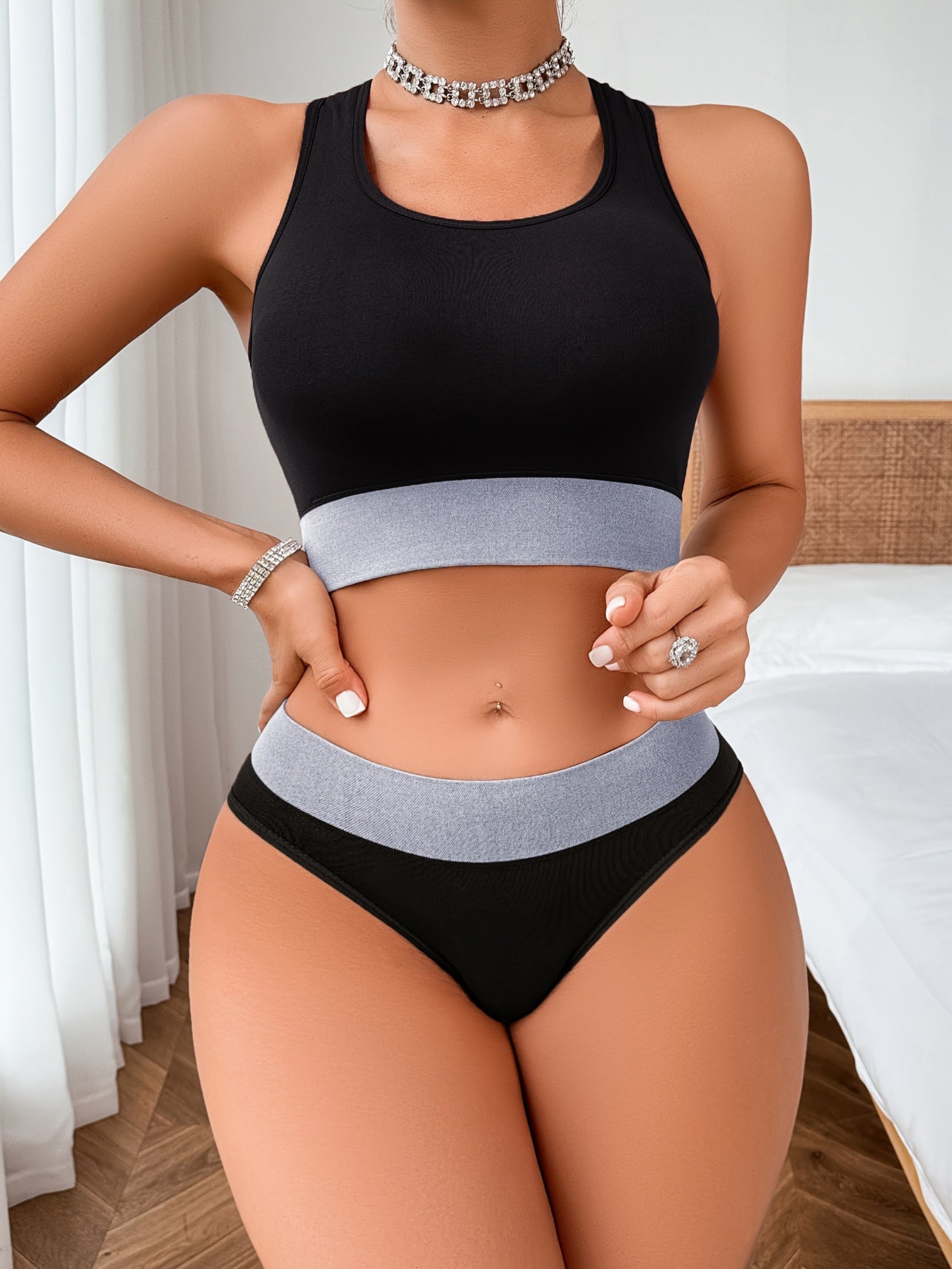 Women's Seamless Color Block Lingerie Set with Tank Bra and Panties