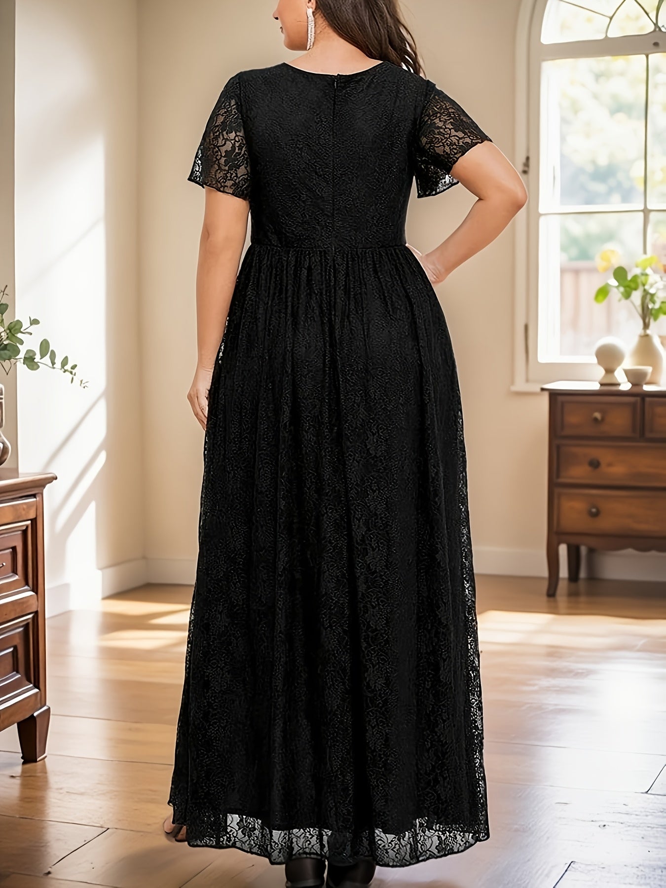 Plus Size Elegant V-Neck Mermaid Dress with Ruffle, Lace Overlay Evening Gown