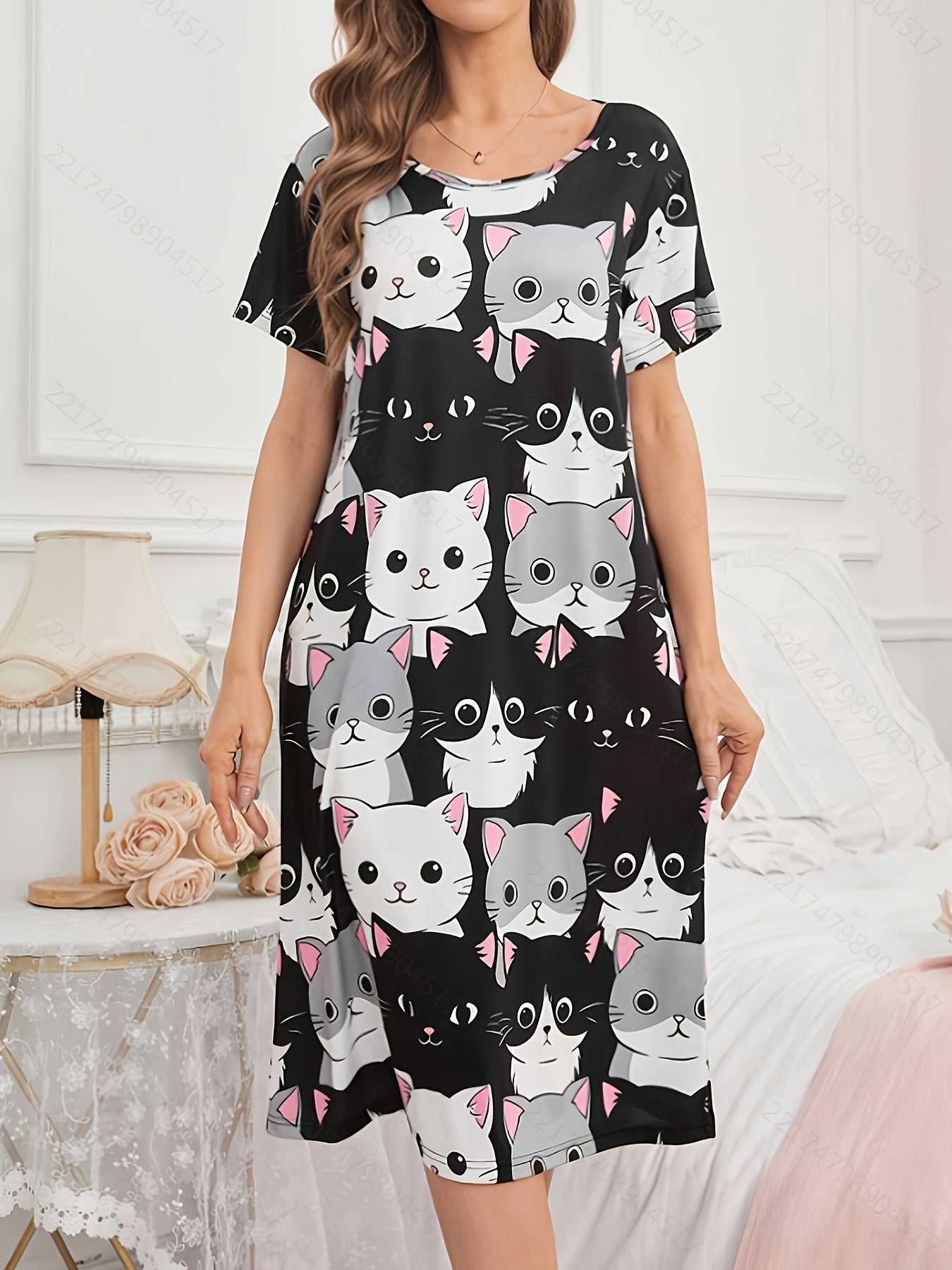 Women's Knee-Length Sleep Dress with Cute Cat Print Polyester Elastane All-Season