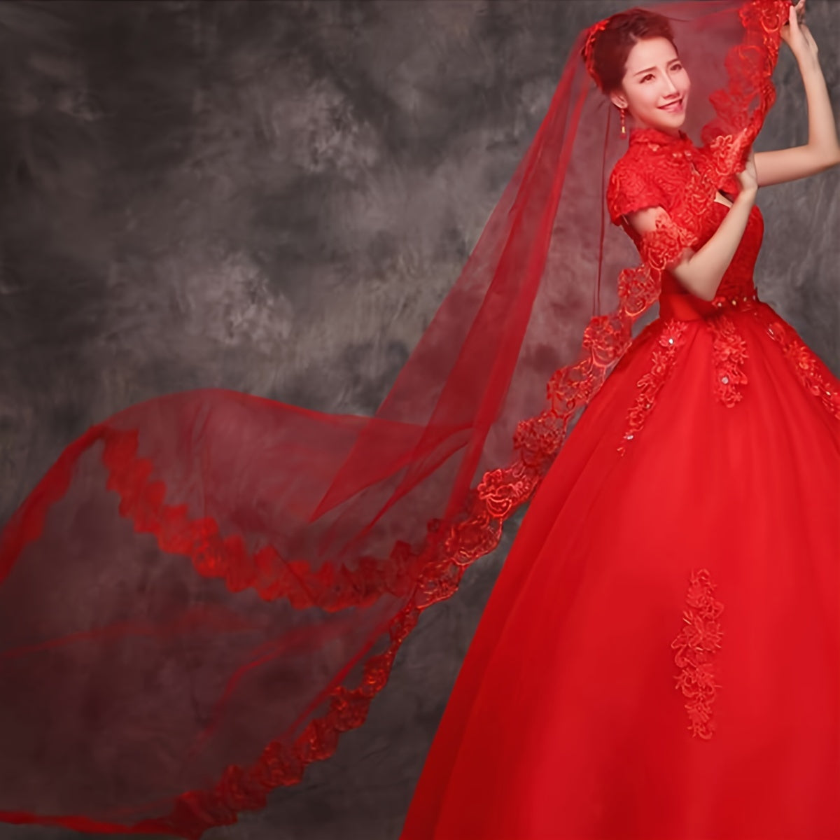 Red Bridal Veil with Lace Detail and Long Train for Weddings