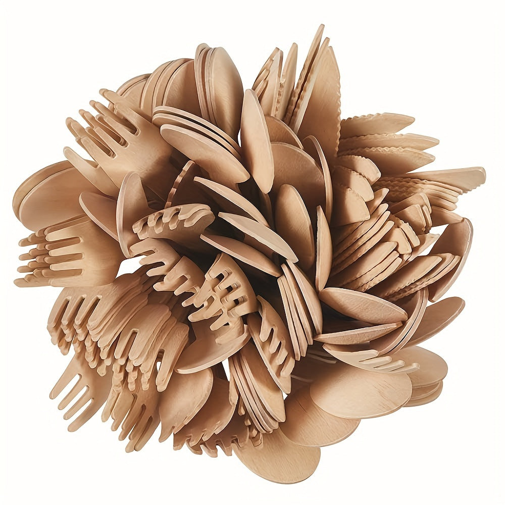 Bambukdan ishlatiladigan bitta marta uchun qilingan oshxona to'plami, 100 ta, vilkalar, qoshiq va pichoq, partiyalar va tabiatda sayohat uchun