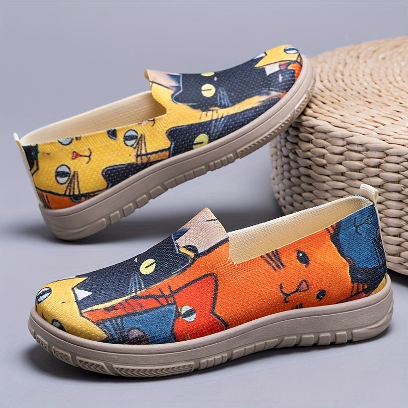 Zapatos planos casuales de tela para mujer con patrón de gatito, slip-on, zapatos planos cómodos