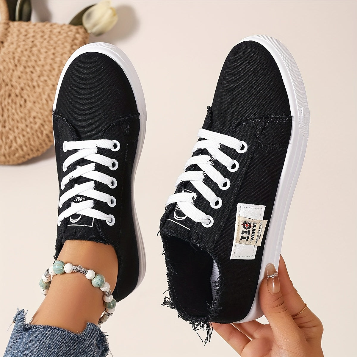 Women's Casual Fabric Flat Lace-Up Sneakers for School and Everyday Use