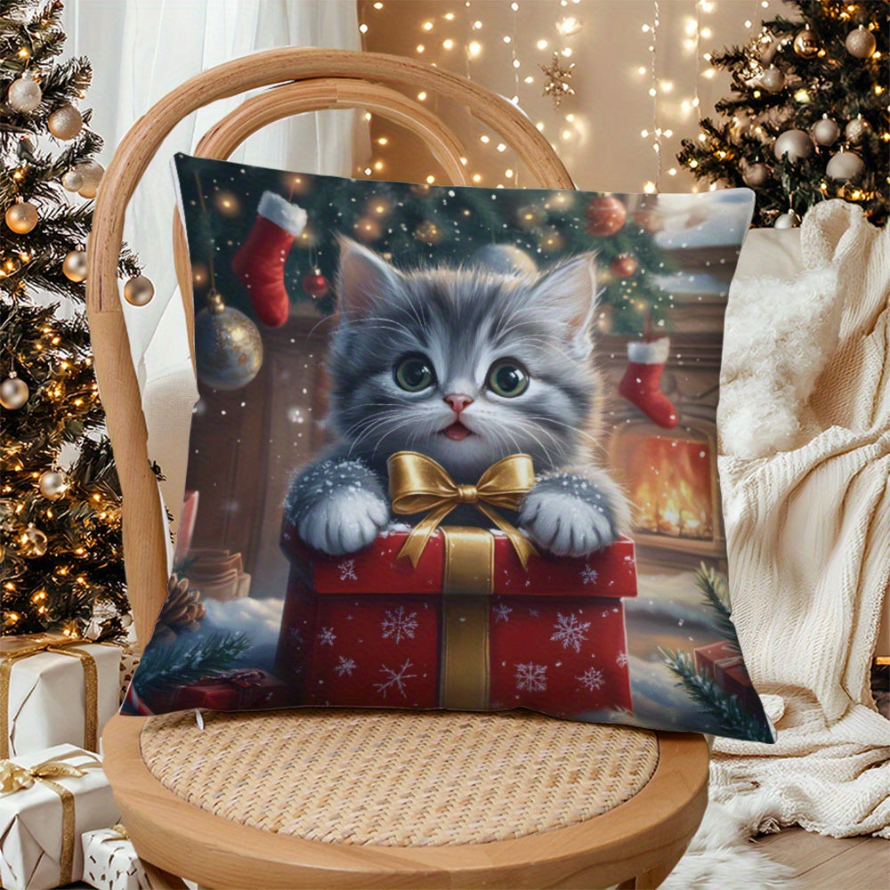 Festive Christmas Kitten Throw Pillow Cover Short Plush Polyester Decorative Cushion for Sofa Bed Car
