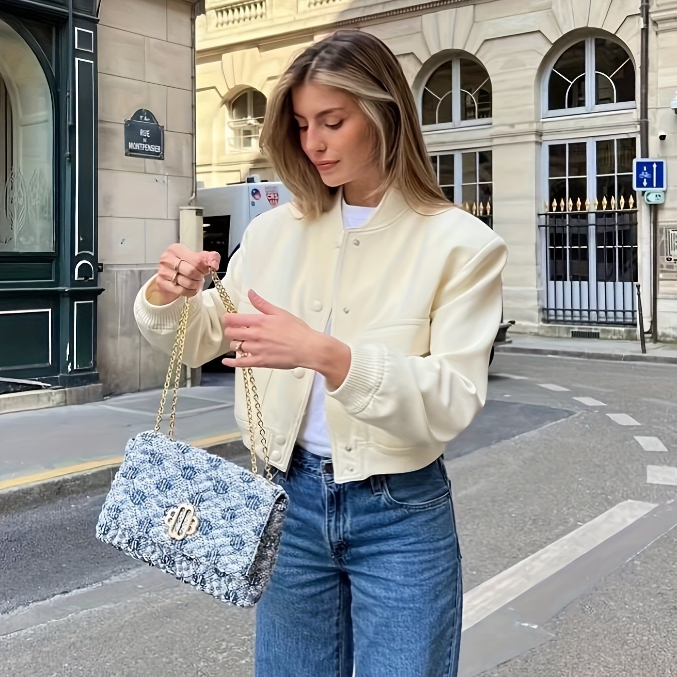 Women's Polyester Casual Bomber Jacket with Stand Collar and Large Pockets for Spring Fall