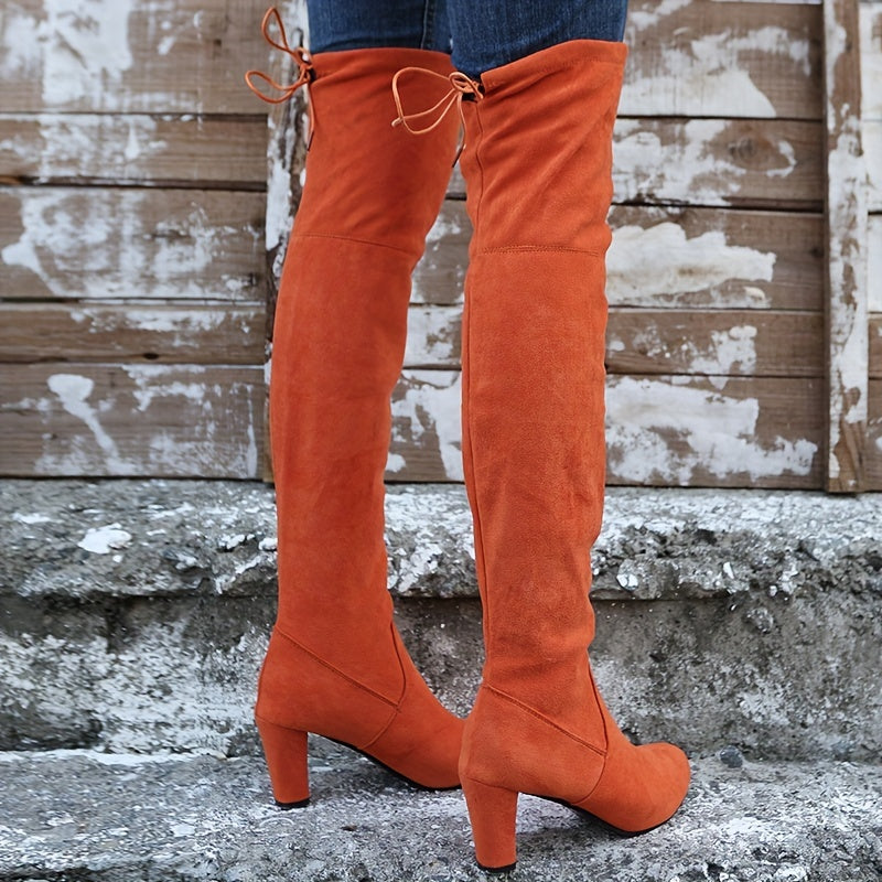 Women's Solid Color Long Boots Over Knee Round Toe Chunky Heel Casual Shoes