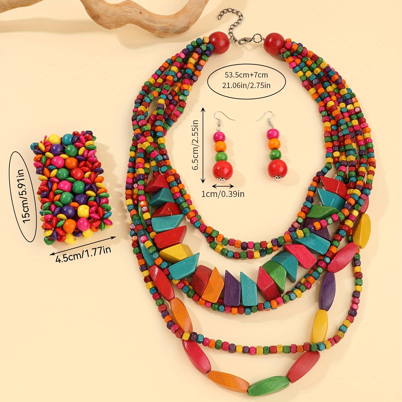 Colorful Wooden Bead Jewelry Set with Earrings Necklace and Bracelet for Party Wear